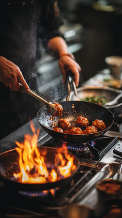 A close-up shot of a chef's hands using tongs to turn meatballs in a wok. The wok is placed over an open flame on a gas stove, creating intense heat and visible steam. Another pan with flames is in the foreground, adding to the dynamic cooking atmosphere. The meatballs are coated in a reddish sauce and appear to be sizzling.の写真素材