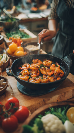 A chef is cooking shrimp in a skillet, with visible steam rising from the pan. Various ingredients like garlic, tomatoes, and herbs are arranged around the cooking area, creating a vibrant and appetizing scene.の写真素材