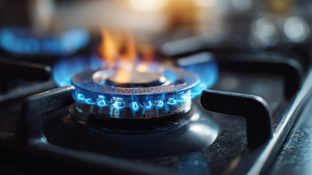 A close-up shot of a gas stove burner with bright blue flames igniting and burning. The focus is on the intense blue and orange hues of the fire, with the metal grate of the stovetop visible in the foreground and background. The image captures the moment of combustion and heat generation in a kitchen setting.の写真素材