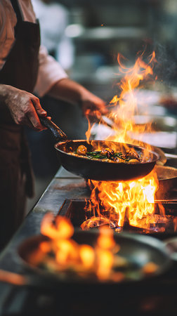 Flames showing chef flipping food in a pan with flames. High resolution image suitable for commercial use. Clear details and vibrant colors enhance visual appeal.の写真素材