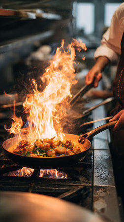 Cooking showing chef cooking shrimp and greens in a fiery pan. High resolution image suitable for commercial use. Clear details and vibrant colors enhance visual appeal.の写真素材