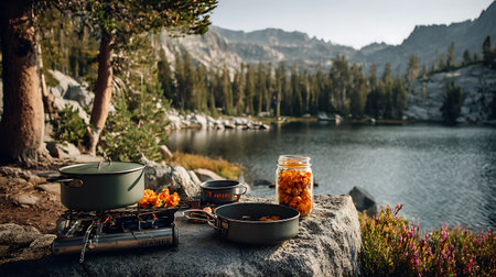 A portable camping stove is set up on a large rock next to a serene mountain lake. A green pot and a...
