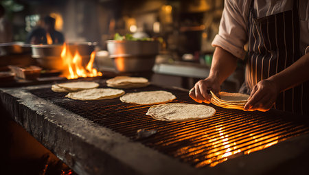 Stock showing chef grilling tortillas on a hot grill. High resolution image suitable for commercial use. Clear details and vibrant colors enhance visual appeal.の写真素材