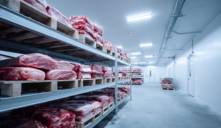 A close-up perspective focuses on the lower shelves of a cold storage unit, showcasing various cuts of raw meat, primarily beef and pork, neatly arranged on wooden pallets. The metal shelving units are robust and industrial. The background shows more shelves receding into the distance, with white walls and overhead industrial lighting. The image emphasizes the volume and organization of meat storage.の写真素材