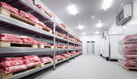 A wide-angle view of a clean and brightly lit cold storage room. Tall metal shelves line the walls, stacked high with numerous pallets of raw meat, mostly beef and pork, neatly packaged and ready for distribution. The floor is a smooth, light grey concrete, and industrial refrigeration units are visible on the walls. The overall impression is one of organized, large-scale food preservation.の写真素材
