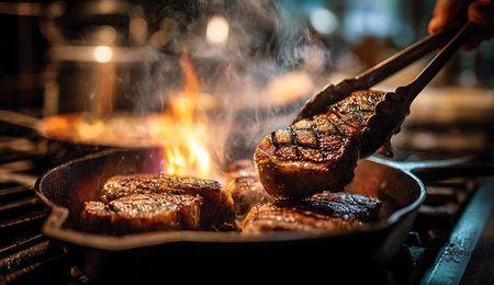 Fiery showing close-up of steaks searing in a fiery pan. High resolution image suitable for...