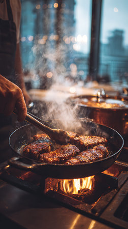 A close-up shot shows a chef's hand using metal tongs to flip several seared steaks in a hot pan on a gas stove. Intense flames are visible beneath the pan, and steam rises from the cooking meat. The steaks appear well-marbled and have a rich, browned crust. The background is blurred, suggesting a busy kitchen environment.の写真素材