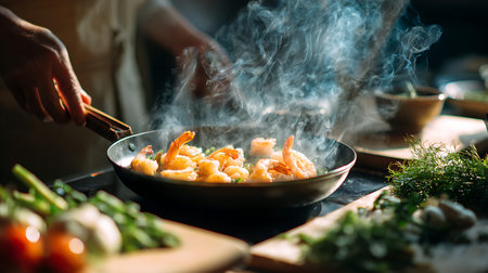 Shrimp are being cooked in a hot pan, generating a significant amount of steam. Fresh ingredients like asparagus, tomatoes, and herbs are artfully arranged around the cooking station, highlighting the preparation of a flavorful meal.の写真素材