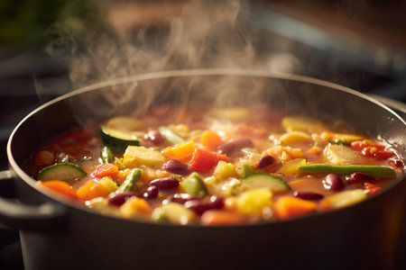 This image provides a detailed view of a rich vegetable stew cooking in a dark pot. The stew is...