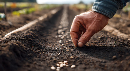 A close-up view of a farmer's weathered hand as it gently drops seeds into a furrow in the dark, tilled soil of a garden bed. The image emphasizes the texture of the soil and the deliberate action of planting. The background is softly blurred, suggesting an agricultural field.の写真素材
