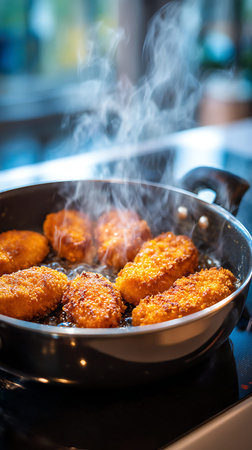 Nuggets showing chicken nuggets frying in a skillet with steam. High resolution image suitable for commercial use. Clear details and vibrant colors enhance visual appeal.の写真素材