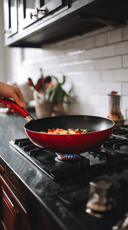 A hand holds a red wok filled with a colorful stir fry as it cooks over a blue gas flame on a stove. The image highlights the cooking process with visible heat and ingredients like red peppers and other vegetables. The kitchen environment is suggested by the tiled backsplash and dark countertop.の写真素材