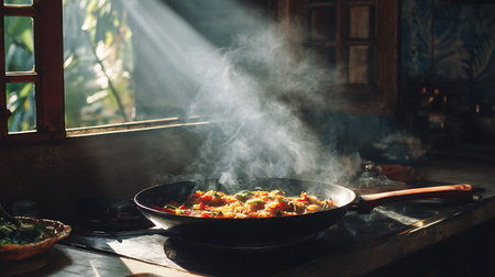 A black skillet filled with a colorful, steaming meal sits on a stove. Sunlight streams through a rustic window frame in the background, creating dramatic light rays and casting shadows across the scene. The image captures the essence of home cooking.の写真素材