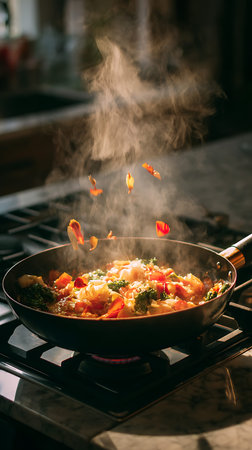 A dynamic shot of a wok on a gas stove, with a vibrant mix of vegetables being cooked. Pieces of red pepper and other ingredients are captured mid-air as they are tossed in the wok. Thick steam rises, obscuring parts of the food and creating a sense of heat and action.の写真素材