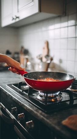 A close-up view captures food being cooked in a red frying pan on a gas stove. A blue flame heats the pan, which contains red ingredients, possibly tomatoes or sauce. The background shows a kitchen with white tiled walls and blurred utensils.の写真素材