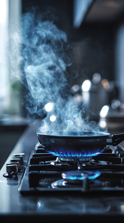A dark frying pan sits on a gas stove, with a bright blue flame heating the bottom. Thick steam billows dramatically from the pan, obscuring the contents and creating a dynamic visual. The scene is set in a modern, dimly lit kitchen with blurred background elements and soft bokeh lights, emphasizing the active cooking process.の写真素材