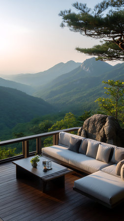 An elevated wooden deck features a long, light-colored sectional sofa and a dark coffee table, providing a prime vantage point for a breathtaking panoramic view of green mountains at dawn. The soft morning light illuminates the landscape, with large rocks and pine trees framing the scene.の写真素材