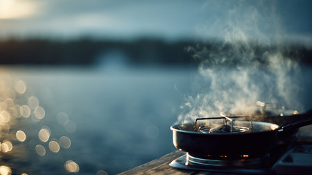 A frying pan is actively cooking on a portable stove, with steam rising prominently. The pan rests on a wooden surface, possibly a dock or table. The background shows a calm body of water, likely a lake, with soft, blurred lights creating a bokeh effect. The scene is set during twilight or dusk, adding a serene and atmospheric quality to the outdoor cooking experience.の写真素材