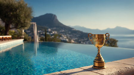 Infinity showing golden trophy by infinity pool with scenic view. High resolution image suitable for commercial use. Clear details and vibrant colors enhance visual appeal.の写真素材