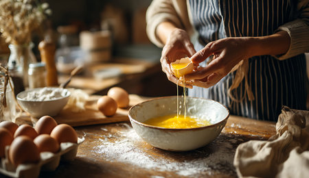 This image captures a close-up of hands cracking an egg into a bowl on a wooden table. The egg yolk and white are seen falling into the bowl, which contains a yellow liquid. Flour is dusted across the table, and several brown eggs are arranged in a carton on the left. The person is wearing an apron, and the background shows a kitchen setting with blurred elements.の写真素材