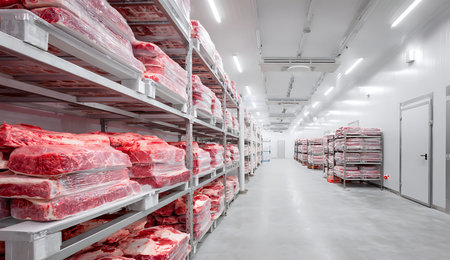 A wide-angle view inside a large industrial meat storage warehouse. Rows of metal shelves are filled with large quantities of raw beef, mostly wrapped in plastic and stacked on pallets. The space is brightly lit with fluorescent lights and features a clean, concrete floor. In the background, more shelves and doors are visible, suggesting a vast operation.の写真素材