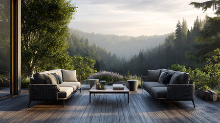 A contemporary outdoor furniture set, including two sofas and a coffee table, is arranged on a wooden deck. The scene overlooks a breathtaking valley filled with mist and dense evergreen trees, bathed in the soft light of either dawn or dusk. Lush greenery and wildflowers surround the furniture, creating a tranquil and inviting atmosphere.の写真素材