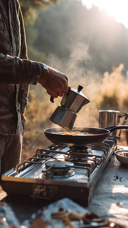 This image depicts a person making coffee outdoors while camping. A Moka pot is being used to brew coffee on a portable stove, with steam gently rising. The scene is bathed in the warm glow of early morning sunlight filtering through trees in the background, creating a serene and adventurous atmosphere.の写真素材