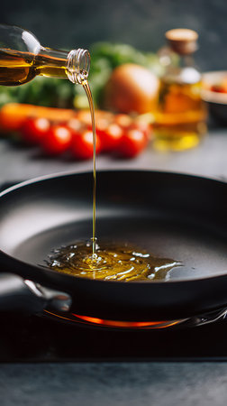 A close-up shot shows golden olive oil being poured from a clear glass bottle into a black frying...