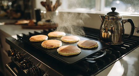 Six golden brown pancakes are cooking on a flat griddle on a black gas stove. Steam rises from the...