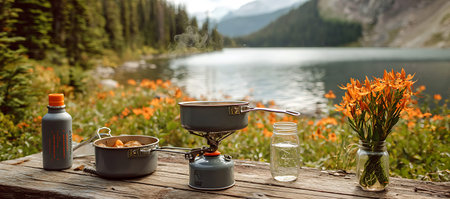 A rustic wooden table is set up for outdoor cooking by a serene lake. Two cooking pots are on a...