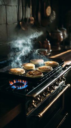 Golden-brown pancakes are sizzling on a griddle atop a vintage gas stove. A bright blue flame heats...