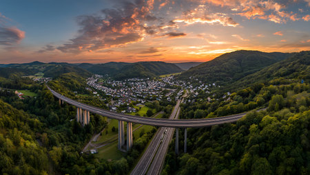 A wide-angle aerial panorama showcases a substantial highway bridge and viaduct system traversing a verdant valley. The sunset creates a dramatic sky with colorful clouds and warm light. A village is nestled within the rolling, tree-covered hills, and the highway below is active with vehicles.の写真素材
