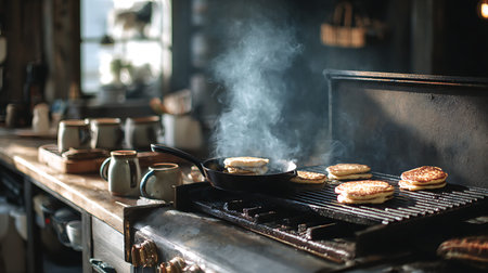 A close-up shot of a grill with several golden-brown pancakes cooking on the grates. Steam rises...