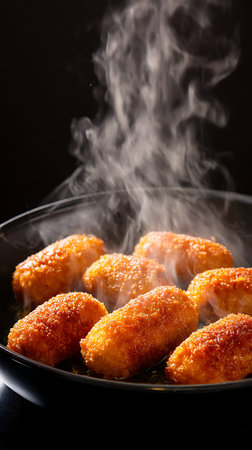 Steam showing golden croquettes frying in a pan with steam. High resolution image. Clear details and...