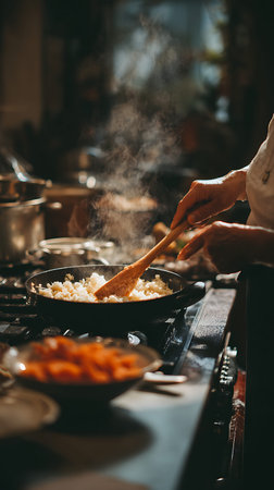 A person's hands are visible in the frame, using a wooden spoon to stir white rice in a black frying...
