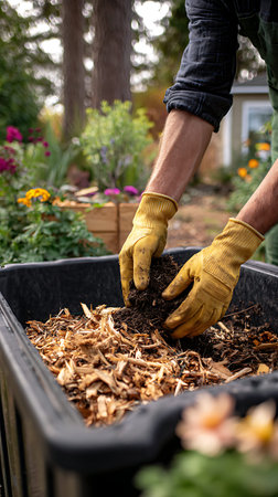 A person's hands, protected by bright yellow gardening gloves, are shown scooping dark soil and organic material into a black compost bin. The bin contains a mixture of soil and wood chips. The background is a softly blurred garden scene with colorful flowers and trees, indicating an outdoor setting.の写真素材