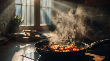 A close-up shot of a stir-fry dish cooking in a black pan on a stove. Vibrant ingredients are...