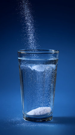 A close-up view of a clear glass filled with water, against a solid blue background. A stream of white powder is being poured into the water, creating a cloud of fine particles and a visible effervescent reaction with many small bubbles. Some powder has already settled at the bottom of the glass.の写真素材