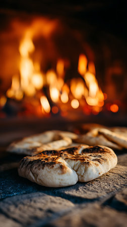 A close-up view of a rustic flatbread resting on a dark, stone-like surface. The bread exhibits a...