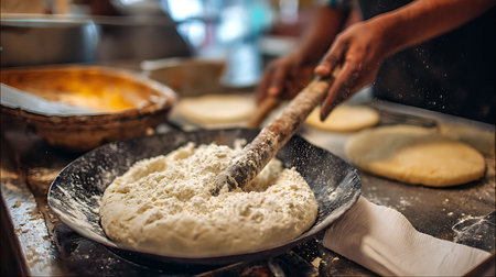 This image captures hands using a wooden rolling pin to flatten dough within a dark pan. Flour is...