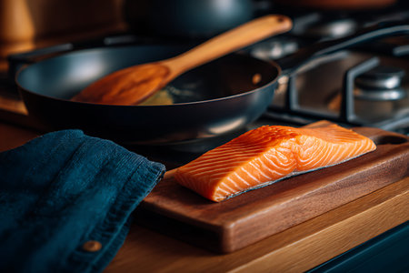 A close-up shot shows a vibrant orange raw salmon fillet resting on a wooden cutting board. To the left, a dark frying pan with a wooden spatula is positioned on a stovetop. A dark blue cloth is draped on the left side of the cutting board. The scene is set in a kitchen environment with a focus on food preparation.の写真素材