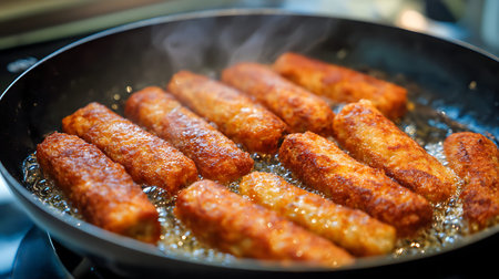 (516) showing sausages sizzling in hot oil in a frying pan. High resolution image suitable for...