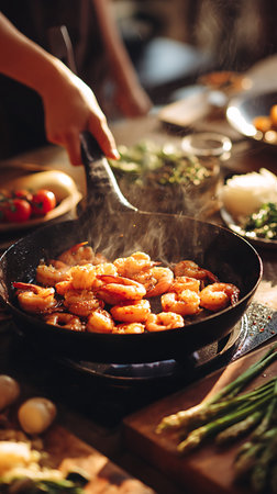 A close-up view of shrimp being cooked in a frying pan on a stove, with steam rising. The shrimp are...