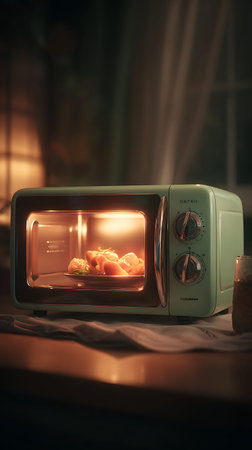 A pastel green retro-style microwave oven is shown with its door open. Inside, a plate of food is illuminated by the internal light, appearing to be cooking or warming. The appliance has vintage-inspired knobs and a chrome handle. The scene is set with soft, warm lighting, suggesting a cozy kitchen environment.の写真素材