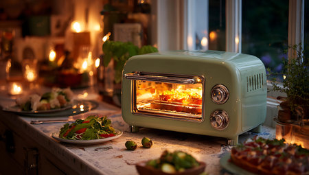 A retro-style, mint green toaster oven is actively baking food, with a warm orange glow emanating from inside. The oven sits on a kitchen counter, surrounded by plates of food, including a salad and what appears to be a pastry or tart. Soft, warm ambient lighting from candles and lamps creates a cozy and inviting atmosphere in the background.の写真素材