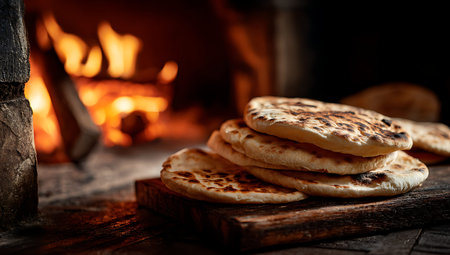 A rustic scene features a stack of freshly baked flatbreads resting on a wooden board. In the...