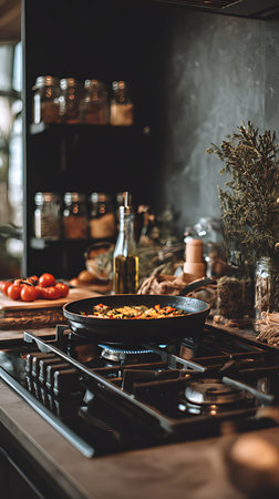 This image captures a close-up of a black frying pan filled with a colorful mix of vegetables and herbs, actively cooking on a gas stove. A blue flame heats the pan, highlighting the cooking process. On the left, a cluster of ripe tomatoes sits on a wooden board, accompanied by a bottle of olive oil. The kitchen environment is characterized by dark countertops and shelves stocked with various jars of spices and dried herbs, creating a rustic yet functional atmosphere.の写真素材