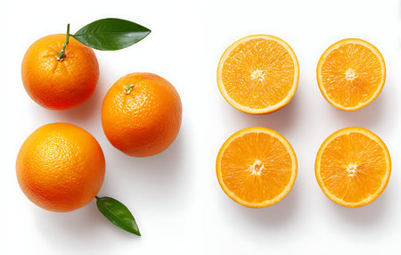 A split image displays whole and halved oranges against a clean white background. On the left, three...