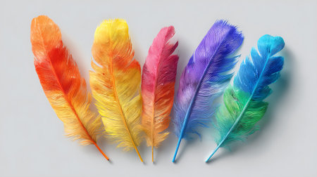 Five distinct feathers, each showcasing a different vibrant color gradient, are neatly arranged in a line on a light gray surface. The feathers range from fiery orange and yellow to pink, purple, blue, and teal, with visible barbs and a smooth texture. The composition is simple and highlights the individual beauty of each feather.の写真素材