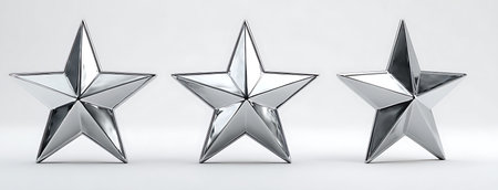 Three polished silver stars are arranged in a horizontal line against a clean white background. The stars are five-pointed and highly reflective, showing highlights and shadows that emphasize their metallic texture and three-dimensional form. The arrangement suggests a rating or award system.の写真素材